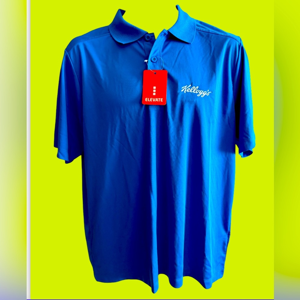 Kelloggs Cereal Men Medium M Olympic Blue Dri-Wick Poly Knit Polo Logo Shirt NWT
